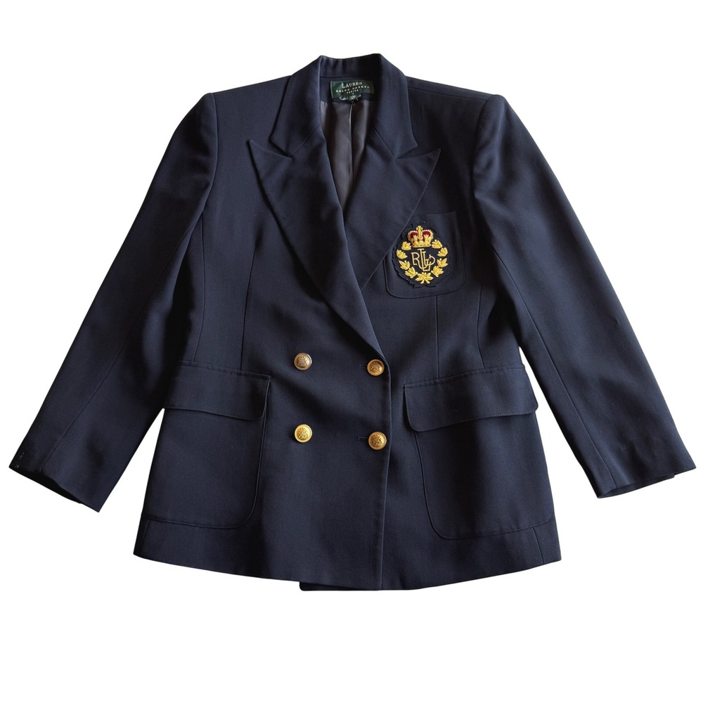 Lauren Ralph Lauren VTG Wool Double Breasted Gold Crest Navy Blazer Jacket‎ 12 P